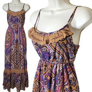 Xhilaration Floor-Length Ruffle & Lace Paisley Boho Dress